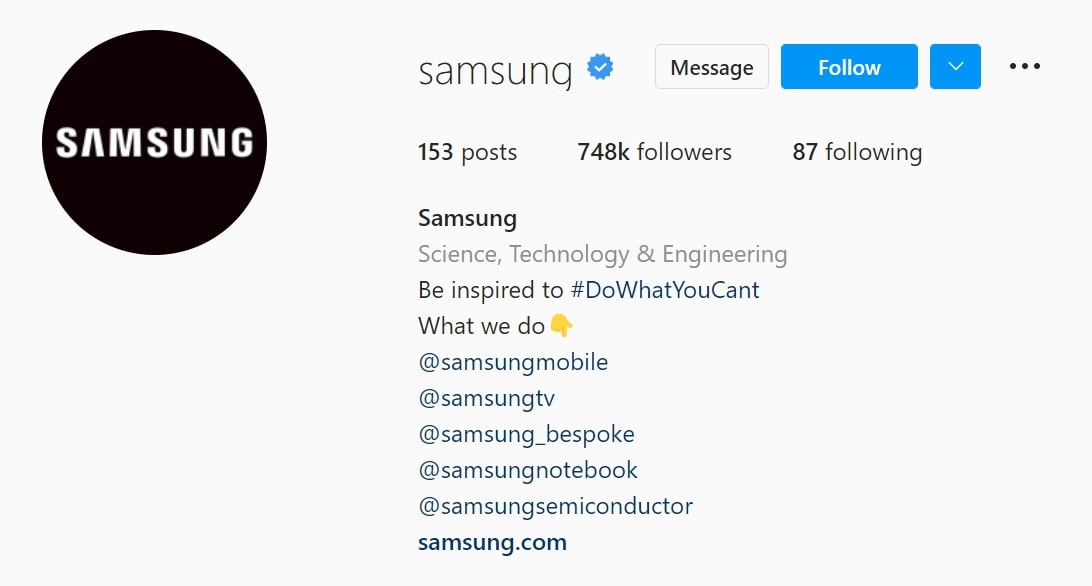 Instagram Bio Ideas for Business - samsung's bio